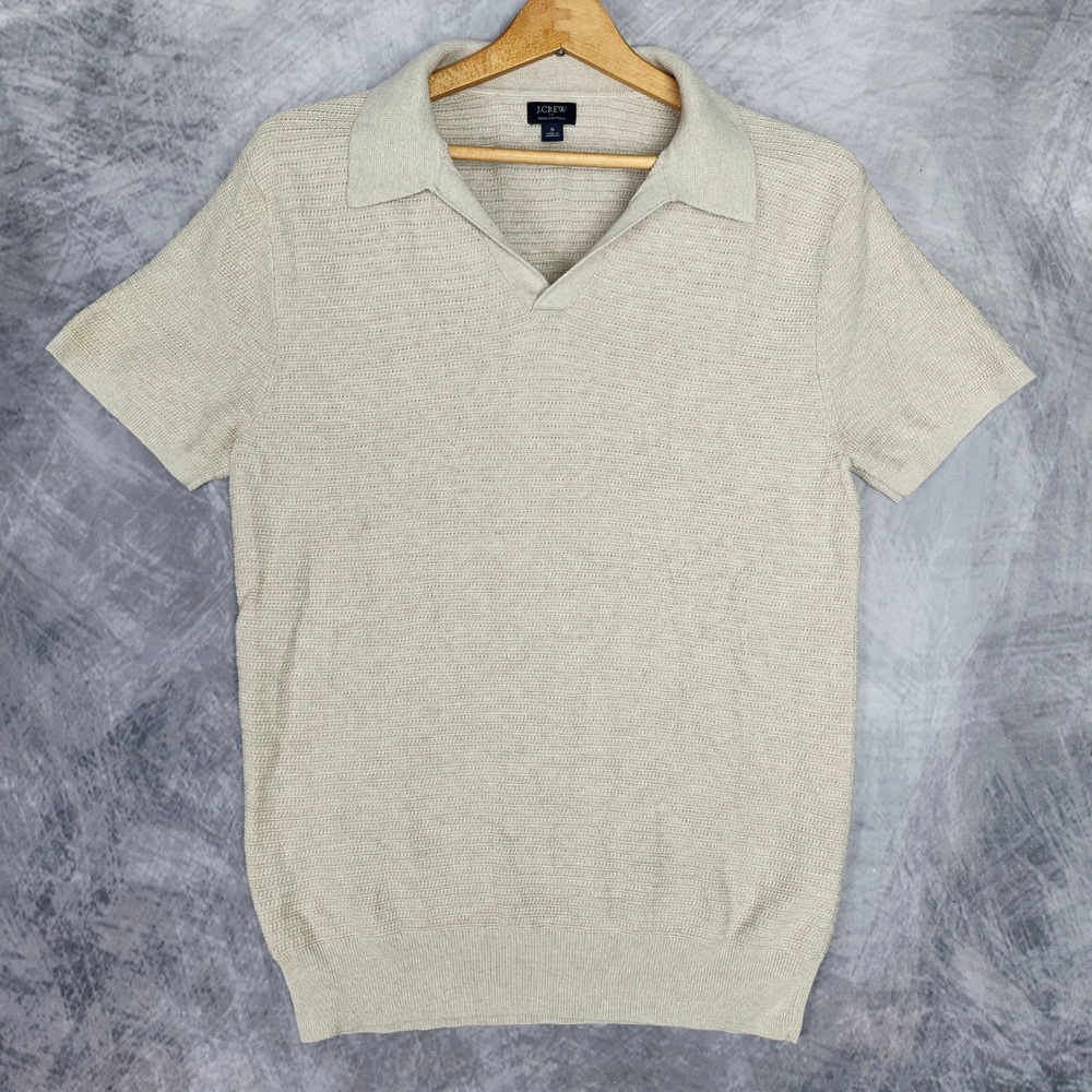 J Crew Johnny Collar Knit Sweater Polo Shirt Mens Small Oatmeal Waffle Knit